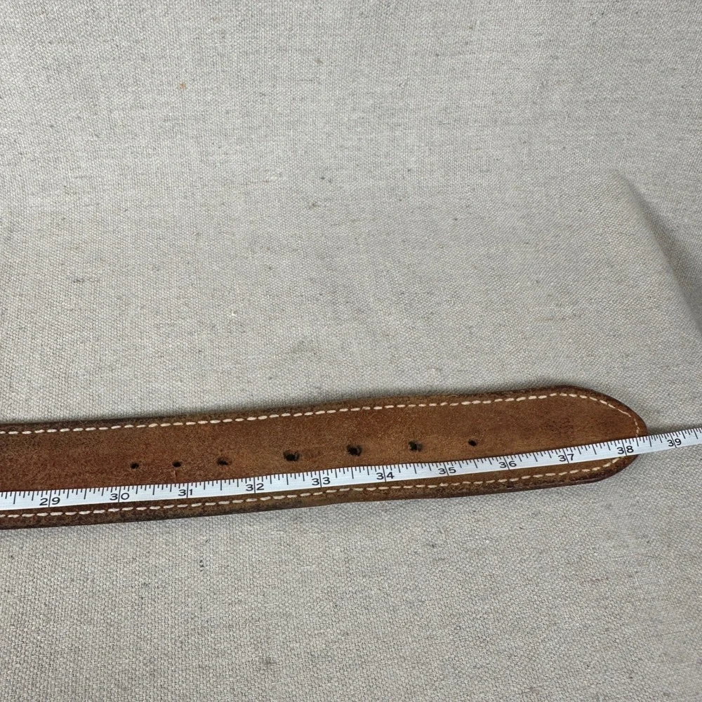 Cabelas Mens 32 Brown Basketweave Tooled Leather Belt Solid Brass Buckle Western